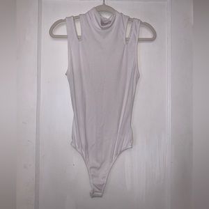 Free People Cut Out White Knit Sleeveless Mock Neck Bodysuit